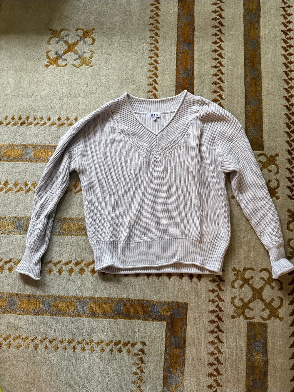 525 America Soft Cream V-Neck Ribbed Knit Sweater